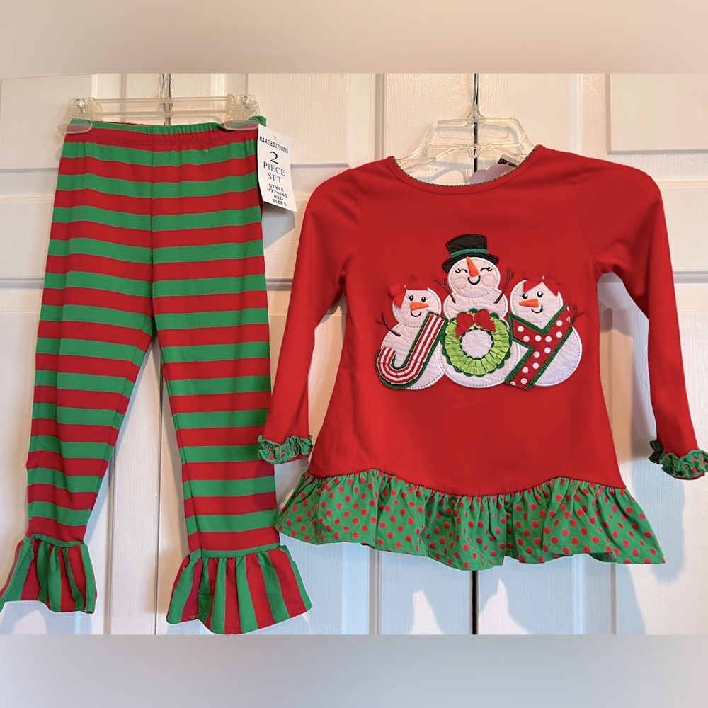 New🎄2 Pc Xmas Set - Red & Green Striped Pants & Red “JOY” Snowman Top